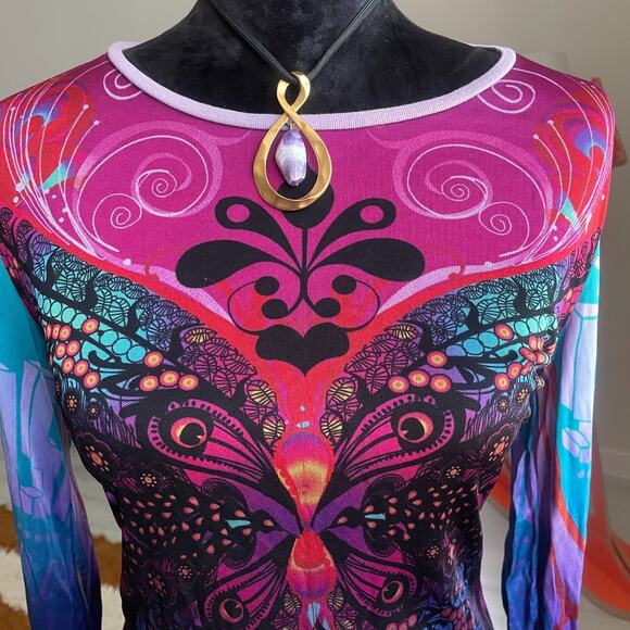 Custo Barcelona Long Sleeve Shirt Women's Size 8 Abstract Heart Artsy Butterfly - Picture 2 of 11